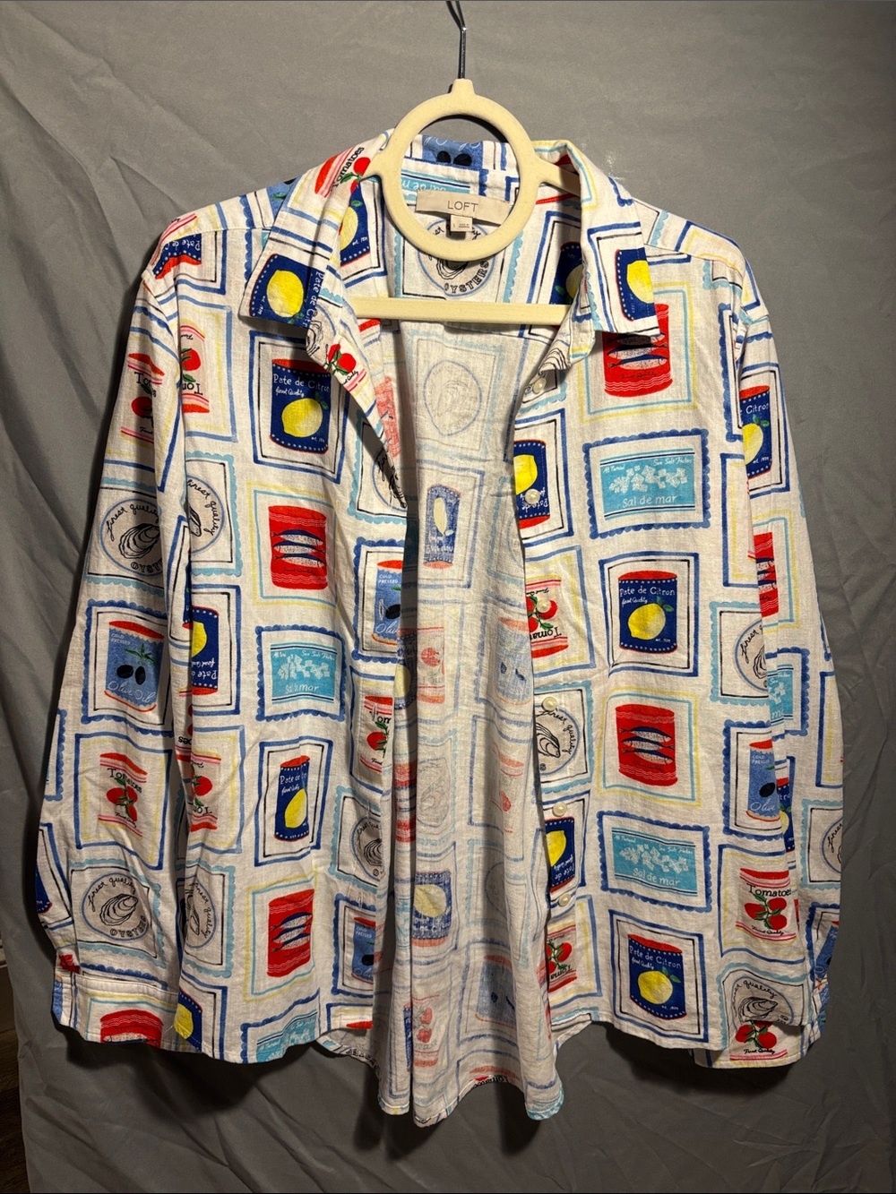 LOFT White Button-Up Linen Shirt with Multicolor Retro Canister Print